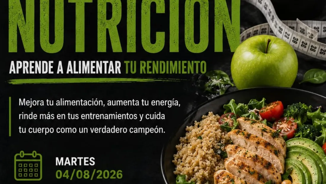 Cartel de la charla de nutrición de DNA Nutrición y Salud en el Club de Boxeo David Burgos, martes 4 de agosto de 2026 a las 19:00